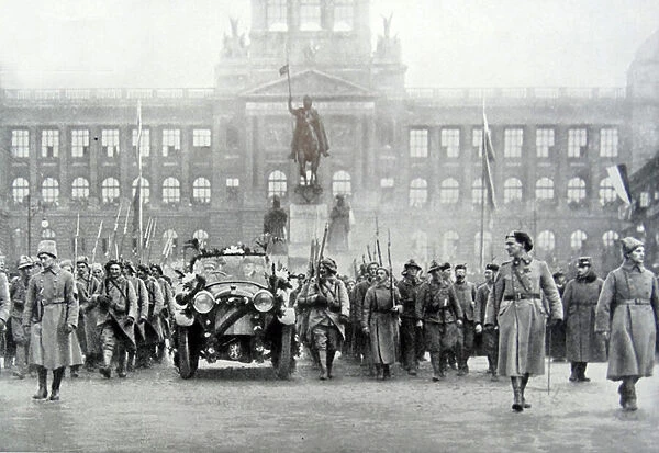 Czech troops accompany President Thomas Masaryk in Prague, 25th December 1918 (b  /  w photo)