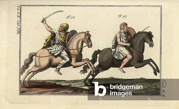 Dacian cavalry with sabre and shield, and Numidian on horseback. Handcolored copperplate engraving from Robert von Spalart's ' Historical Picture of the Costumes of the Principal People of Antiquity and of the Middle Ages' (1797)