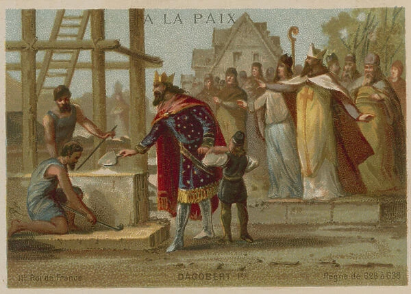 Dagobert I, King of the Franks, beginning the construction of the Basilica of St Denis, France (chromolitho)