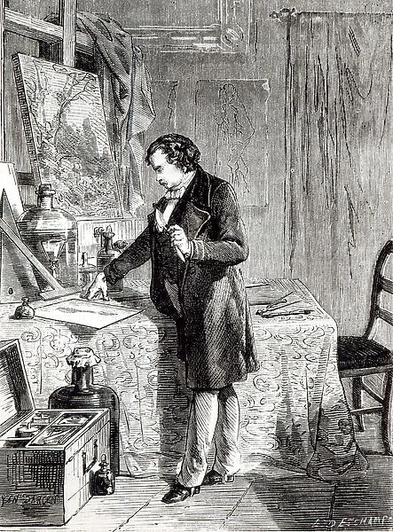 Daguerre discovers the light sensitivity of silver iodide in 1831 (engraving) (b  /  w photo)