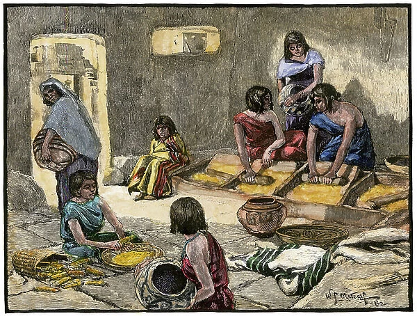 Daily life in a zuni Indian village (New Mexico, USA), busy women grind maize, around 1800. Lithograph from 19th century illustration