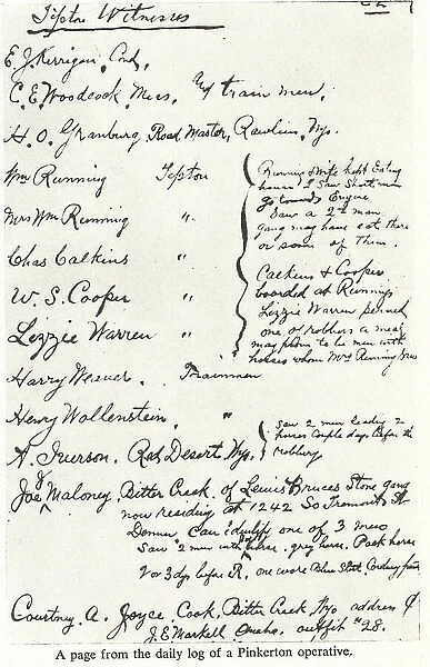 Daily log of a Pinkerton operative recording witnesses interviewed. Pinkerton's National Detective Agency, American private detective and security guard agency was founded by Alfred Pinkerton in 1850