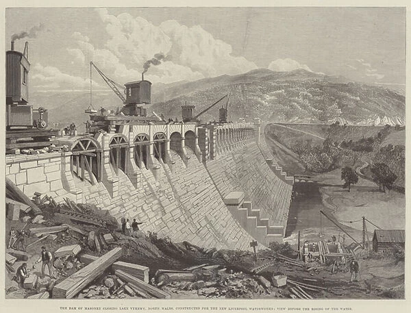 The Dam of Masonry closing Lake Vyrnwy, North Wales, constructed for the New Liverpool Waterworks, View before the Rising of the Water (engraving)