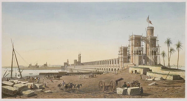The Dam across the Nile, the building of the Aswan Dam, engraved by Philippe Benoist