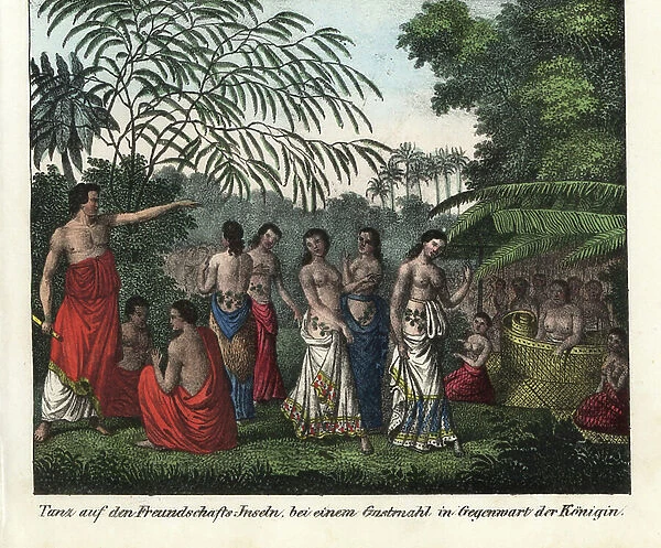 Dance performed in front of Queen Tineh of the Island of Friends (Tonga). Lithography for the book: ' Galerie complete en tableaux fideles des peuples d'Amerique et d'Australie' by Friedrich Wilhelm Goedsche (1785-1863), Meissen edition (Germany)