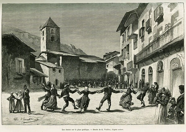 Dances in the public square. Engraving by G. Vuillier, to illustrate the story Le val