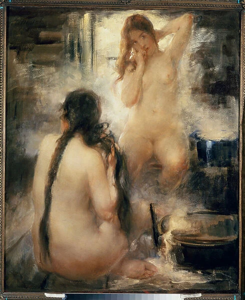 Dans un bain de vapeur (sauna) - In a steam bath - Deux jeunes femmes nues se coiffant et profitant des bienfaits du thermalisme traditionnel russe - Peinture de Vitali Gavrilovich Tikhov (1876-1939), huile sur toile