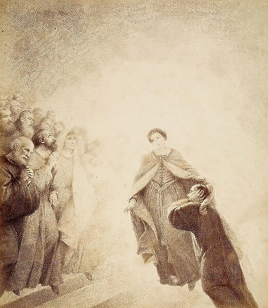 Dante covers his ears with his hands, overcome by the cries of wrath launched by the spirits arranged along the ladder. Illustration of Canto XVI in Paradiso of The Divine Comedy by Dante Alighieri