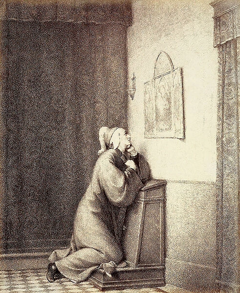 Dante kneeling in prayer, with his gaze directed at a triptych