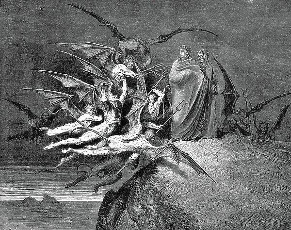 Dante and Virgil beset by demons on their passage through the eighth circle. Illustration (1861) by Gustave Dore for Dante Inferno, Canto XXI. Wood engraving