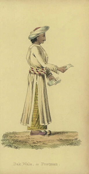 Dauk wala or Indian postman, in uniform, turban, and slippers, carrying letters. Handcoloured copperplate engraving by an unknown artist from ' Asiatic Costumes, ' Ackermann, London, 1828