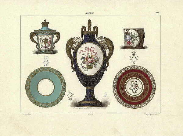 Dauphin porcelain: cup and saucer with dolphins in the style of the Queen, flowers by Bulidon 1781, vase with dolphins, painting of basket of flowers, partridge eye background; and cup and saucer to commemorate the birth of the Dauphin