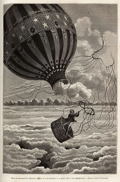 Death of the aeronaute John La Mountain, separated from his balloon on July 4, 1873, in Iona (USA), engraving after a drawing by Albert Tissandier illustrating a study on airshipwrecks, by Gaston Tissandier