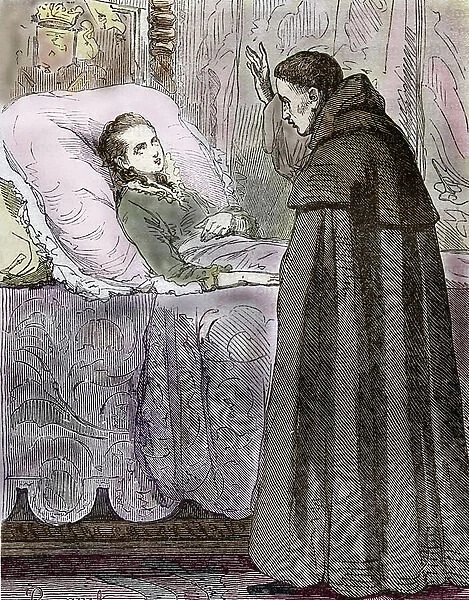 The death of Gabrielle d'Estrees (1573-1599) favorite of King Henry IV of France Engraving from 'Histoire de la Bastille' by Auguste Maquet, 1844 Private collection