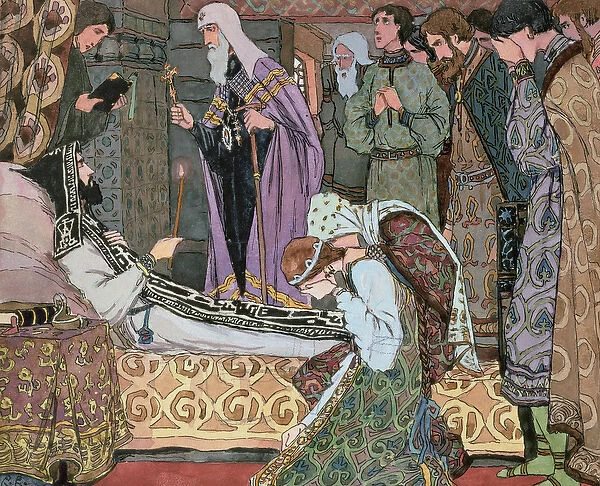 Deathbed of the Grand Duke Dmitry of Don (1350-89), c. 1910 (gouache on paper)
