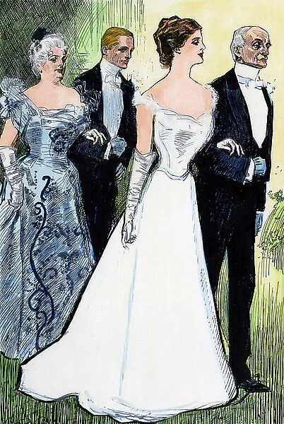 Debutante escorted by her father for her first ball in society, circa 1900. 'Gibson girl', representation of the ideal American female in the early 20th century, prefiguring the pin up