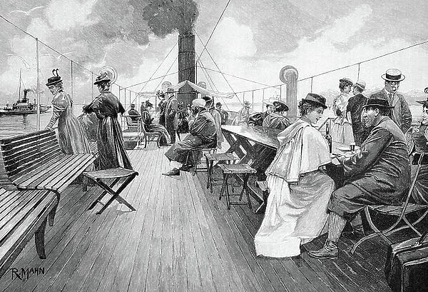 On the deck of a steamboat, Lake Constance, historic wood engraving, about 1897