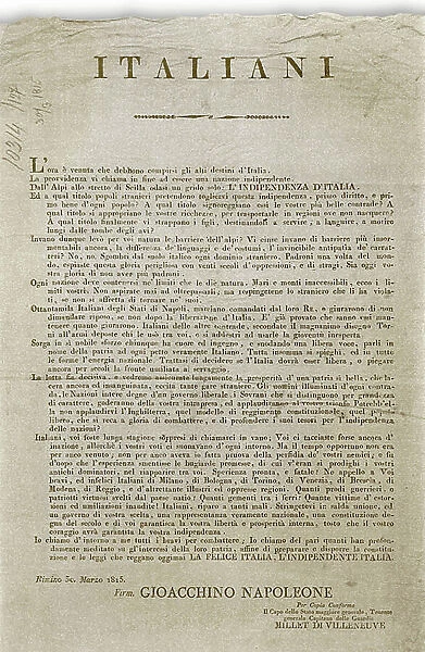 Declaration of Rimini published by Joachim Murat (1767-1815) Napoleon's officer, 30 / 03 / 1815 to raise the people against the Austrians