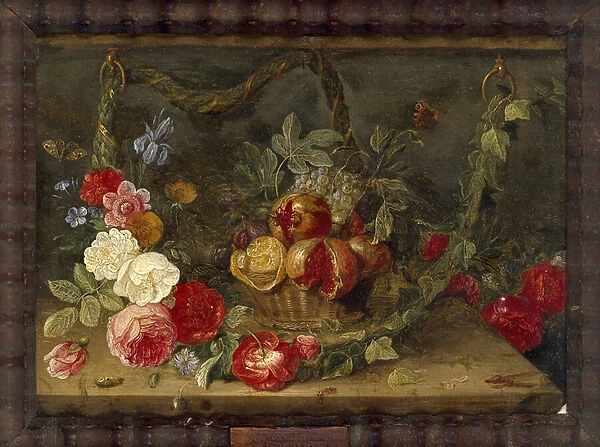 Decorative Still-Life Composition with a Basket of Fruit (oil on copper)