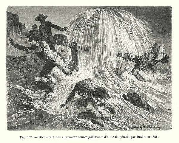 Decouverte de la premiere source jaillissante d huile de petrole par Drake en 1858 (engraving)