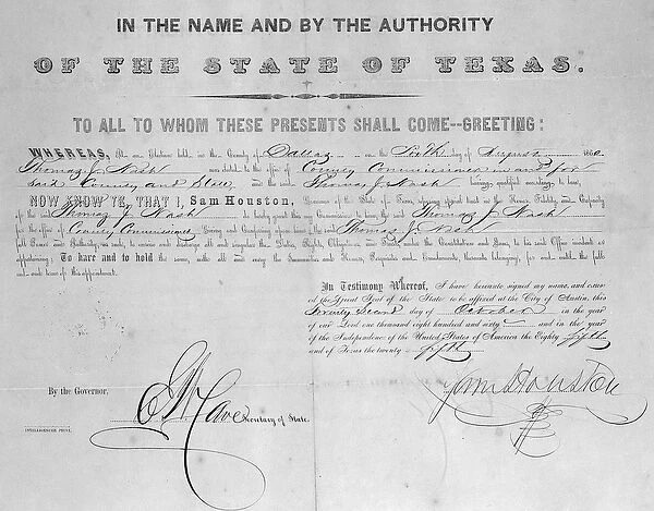 Deed signed by Sam Houston (1793-1863) 1860 (litho) (b  /  w photo)