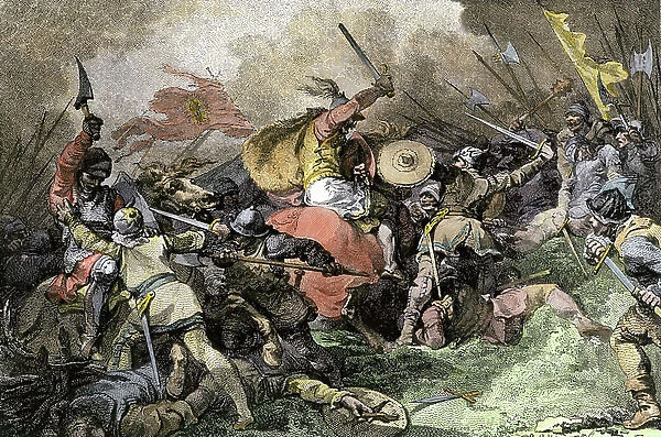 Defeat of the Saxons against William the Conquerant (1027-1087) in the Battle of Hastings, 1066. Colourful engraving of the 19th century