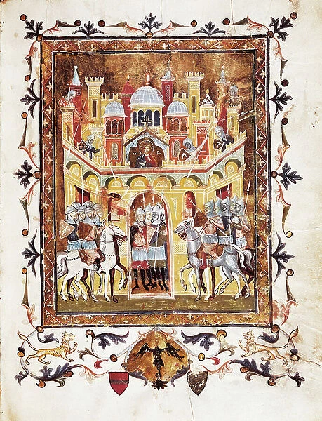 The defense of Jerusalem, miniature from a 14th century Codex, Padua, Seminar Library (illuminated miniature)