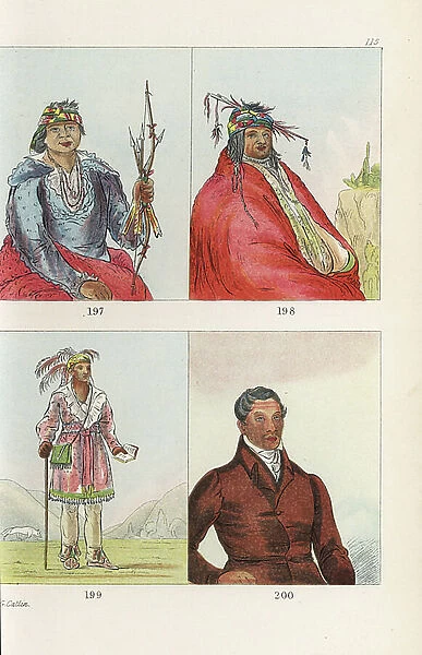 Delaware chief Ni-co-man, the Answer 197, with bow and arrow, and another chief non-on-da-gon 198, with silver ring in his nose. Mohican chief EE-TOW-O-Kaum, Both Sides of the River 199, with psalm book, and Waun-Naw-con, the Dish or John W