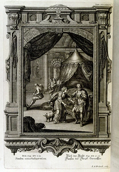 Delilah discusses the secret of the strength of Samson, 18th century (engraving)