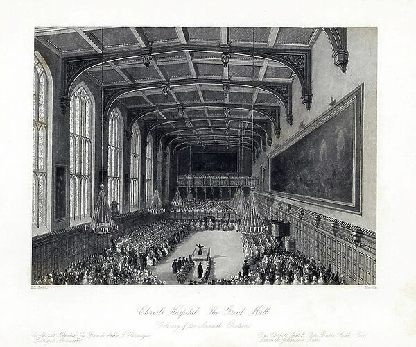 Delivery of the annual orations in the Great Hall, Christ's Hospital. Steel engraving by Henry Melville after an illustration by Llewellyn Jewitt from London Interiors, Their Costumes and Ceremonies, Joshua Mead, London, 1841
