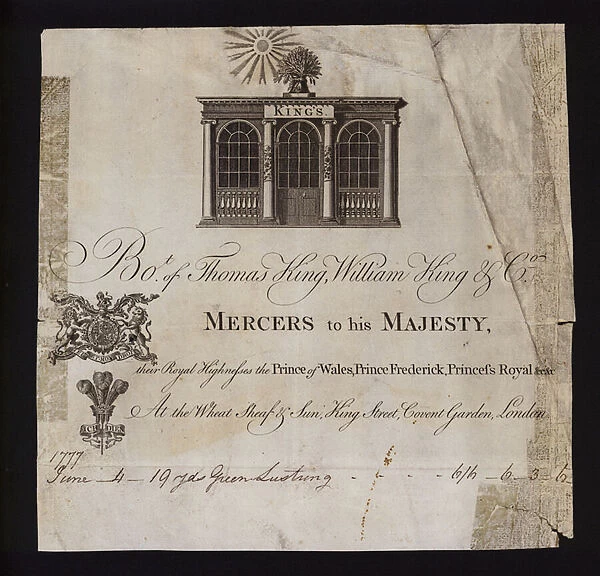 Delivery note from Thomas King, William King & Co, mercers to King George III, the Prince of Wales, Prince Frederick and the Princess Royal, 1777 (engraving)
