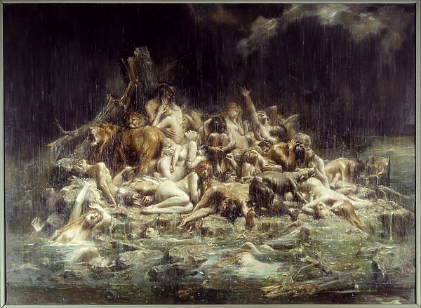The Deluge A cluster of bodies of human beings and animals under the rain streams of