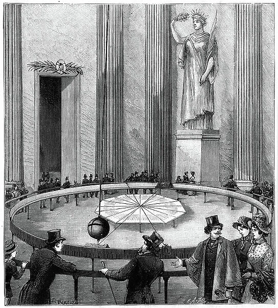 Demonstration of the Earth's rotation using (Jean Bernard) Leon Foucault's Pendulum, 1887 (engraving)