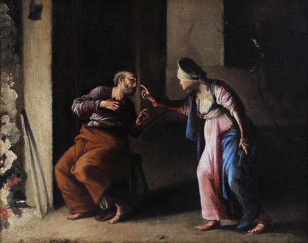 The denial of St. Peter. Painting by Carlo Saraceni (1579-1620). Oil on canvas. Dim: 38x48cm. Musee Granet, Aix en Provence