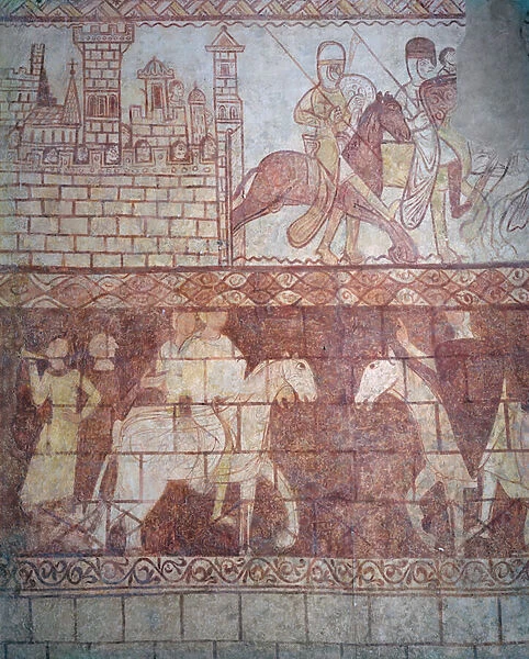 Departure of the Crusader Templar knights in 1163 from their Syrian castle of Krak des