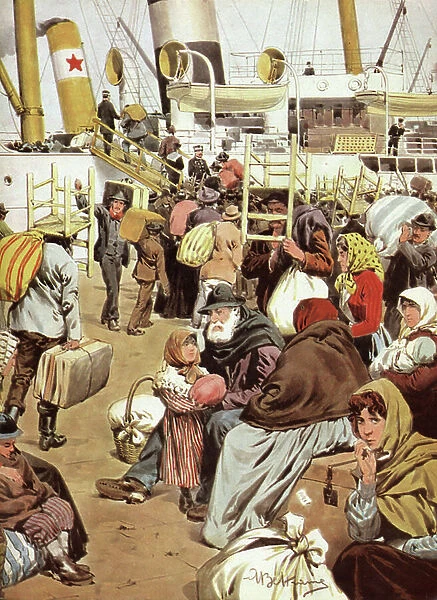 Departure of a group of Italian emigrant peasants, waiting in the port of Genoa, for the United States. Illustration of Achilles Beltrame from ' La Domenica del Corriere ', 8 / 12 / 1901