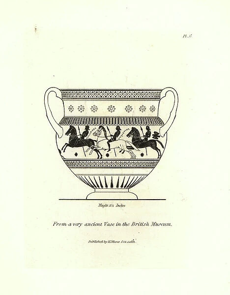 depiction of ancient warriors with spears on horseback from a very ancient vase in the British Museum. Copperplate engraving by Henry Moses from A Collection of Antique Vases, Altars, etc. London, 1814