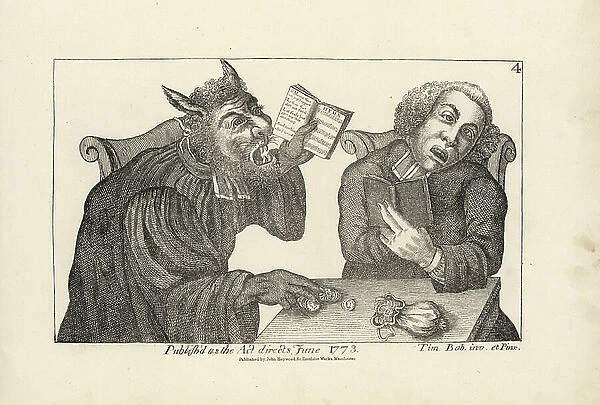 depiction of hypocrisy. A horned demon in holy robes preaches at a table while stealing gold from a fellow's purse. Copperplate engraving after a satirical illustration by Timothy Bobbin (John Collier) from Human Passions Delineated, John Haywood