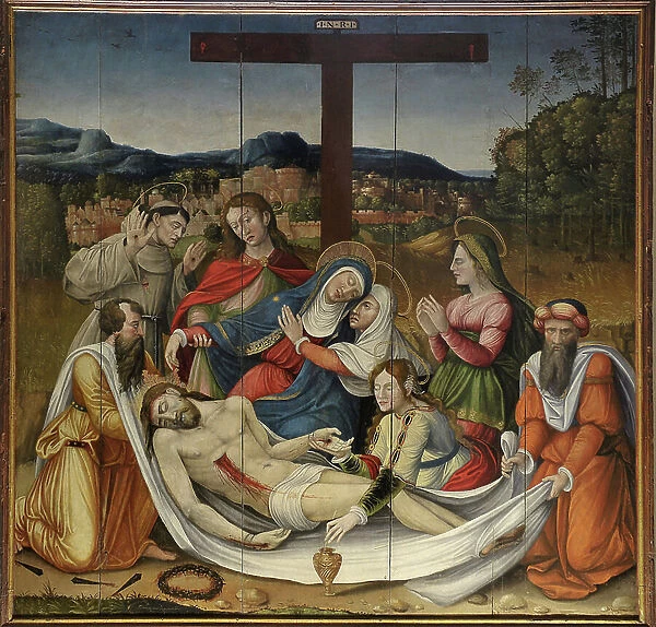 The Deploration of Christ (Lamentation of the Dead Christ). Among the characters represented: Joseph of Arimathea and Nicodemus hold the shroud, Saint John supports the Virgin Mary who faints