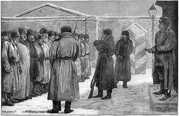 Deportations from Russia to Siberia around 1850. Engraving without author identification, illustrating a book from the end of the 19th century: ' Vie de Mme Postel', by Cardinal Foulon