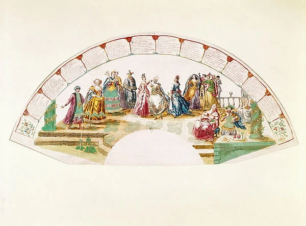 Design for a fan celebrating the Dance and Carnival of Nations, 1733 (gouache on paper)