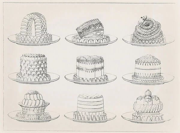 Designs for tarts and cakes by Antoine Careme (engraving)