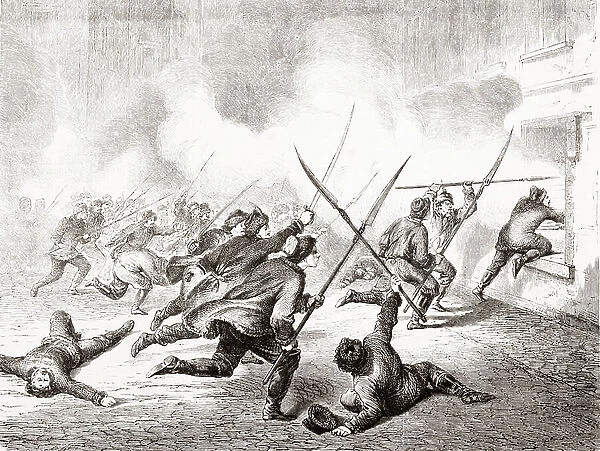 A detachment of the Chmielinski corps pursuing the Russians in the village of Ponik, Poland during the January Uprising of 1863, from L'Univers Illustre, pub. June 1863