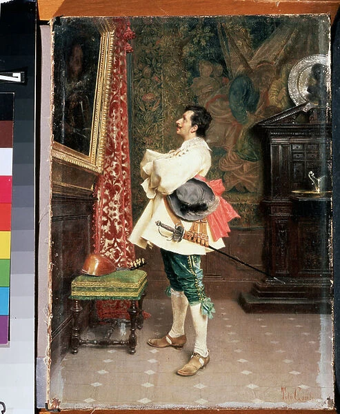 'Devant le portrait'(Before a Portrait) Un homme, vetu en uniforme de mousquetaire du 17eme siecle, admirant une peinture (son propre portrait) Peinture de Tito Conti (1842-1924) Mikhail Kroshitsky Art Museum