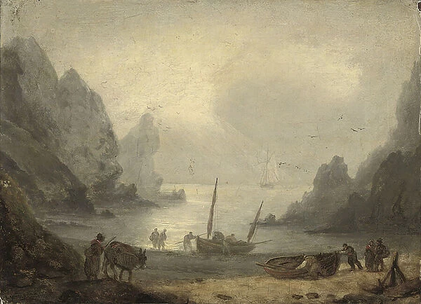 A Devonshire inlet with fishermen unloading their catch onto the foreshore, c