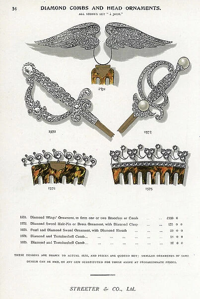 Diamond combs and head ornaments, wings, sword hilts, etc. Chromolithograph from Edwin Street's Gems Catalog, Bond Street, London, circa 1895