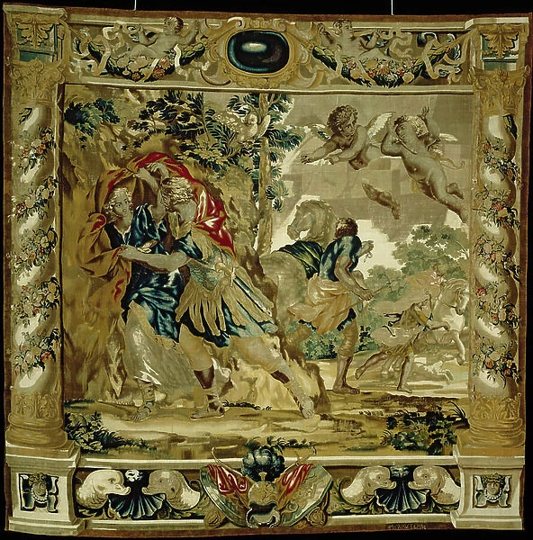 Dido and Aeneas seek shelter from a storm, 1679 (tapestry weave: silk and wool)