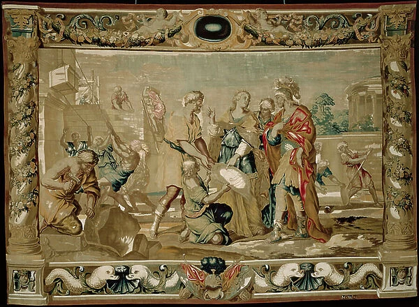 Dido shows Aeneas the plans for the fortifications of Carthage, 1679 (tapestry weave: silk and wool)