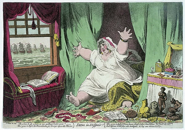 Dido's despair, caricature making fun of Horatio Nelson and Lady Emma Hamilton's relationship, 1801 (engraving)