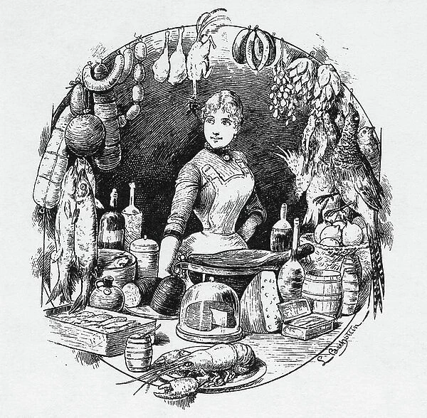 Diet: a young cook represented in the middle of a composition of cheeses, shellfish, fruit, game, cold cuts. 19th century (engraving)